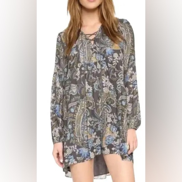 Free People Rain or Shine‎ Mini Dress Tunic Bohemian Floral Paisley Print 70s XS - Picture 1 of 9
